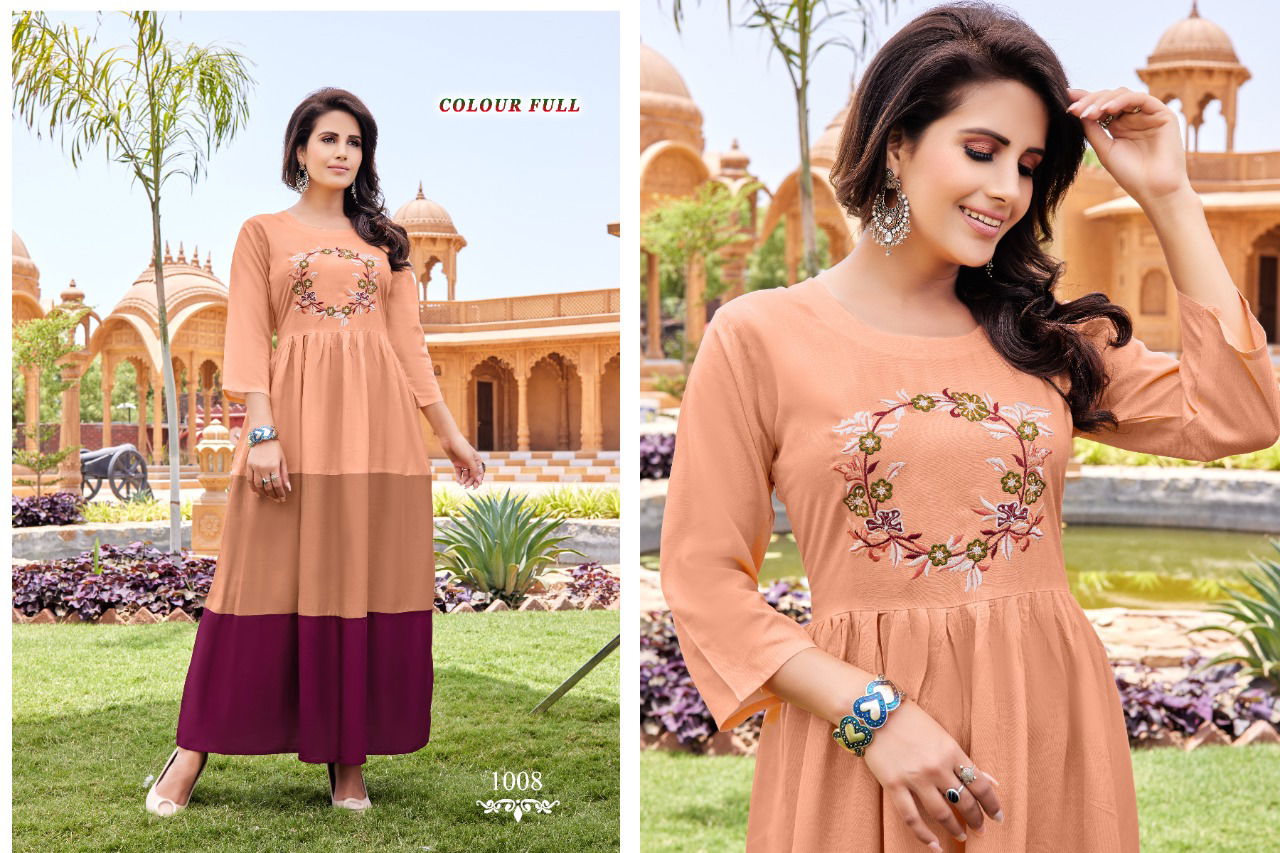 Colour Full 1001 Fancy Party Wear Rayon Long Anarkali Kurti Collection